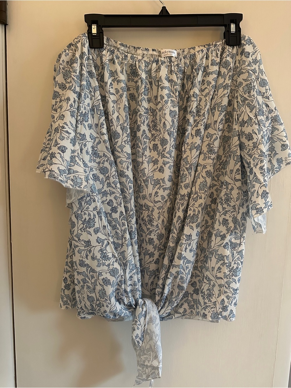 Luckymore Blue Floral Off-the-Shoulder Tie-Front Women’s Top